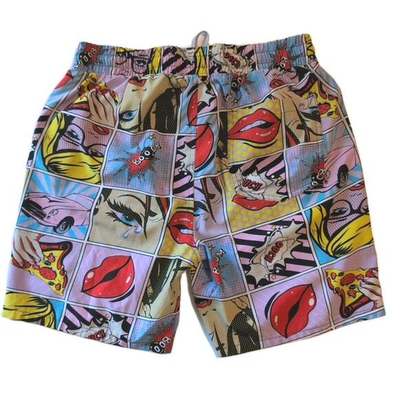Oh Snap! Board Shorts Men's Size L Comic Book Lips Retro y2k Boom Pizza Beach - Picture 2 of 7